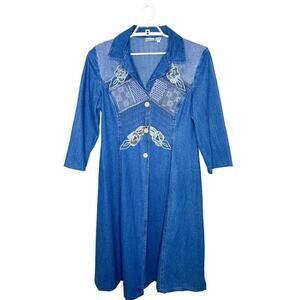 Vtg Womens Blue Denim Duster Coat Floral Embroidered Lace 80s 90s Cottagecore 10